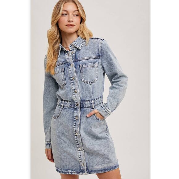 NWT ZARA Light Wash Denim Mini Long Sleeves Button Down Cotton Pocket Dress XXL - Picture 1 of 6
